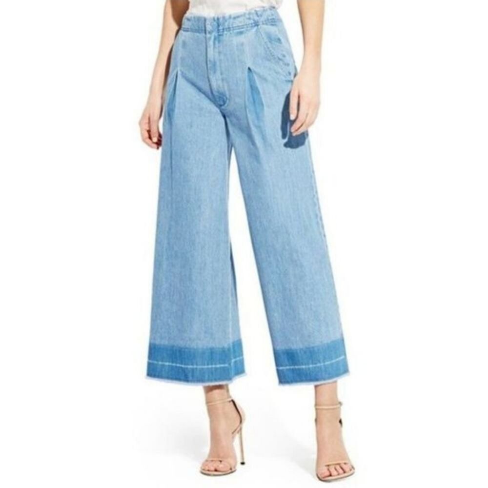 AYR Vibes Light Blue Pleated  Wide-Leg Frayed Cropped Denim Women 27 Jeans